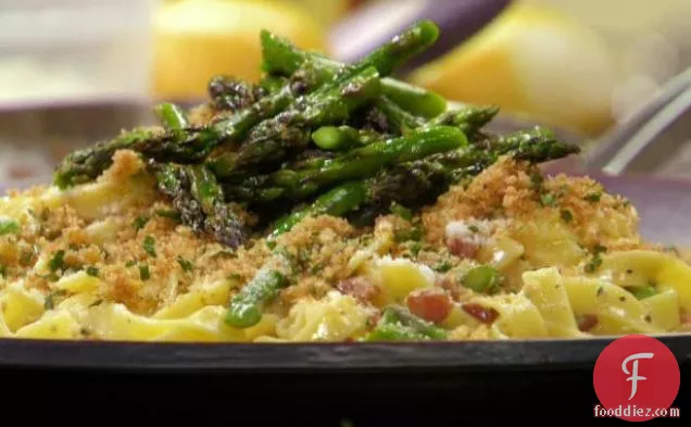 Carbonara-Style Tagliatelle with Grilled Asparagus and Lemon-Herb Breadcrumbs