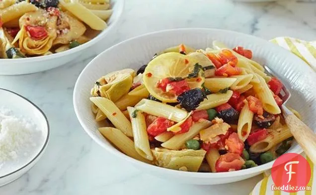 Penne with Baby Artichokes, Black Olives and Peas