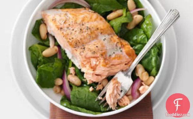 Roasted Salmon & White Bean Spinach Salad