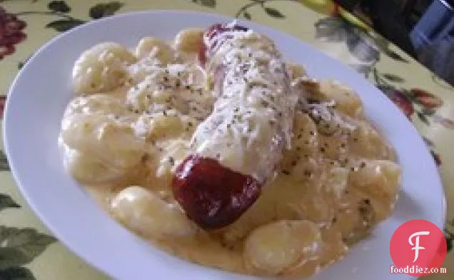 Bangers and Gnocchi with a Roasted Shallot and Cheese Sauce