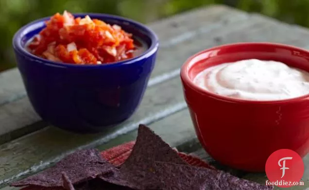 Red and White Double Dippers with Blue Corn Chips
