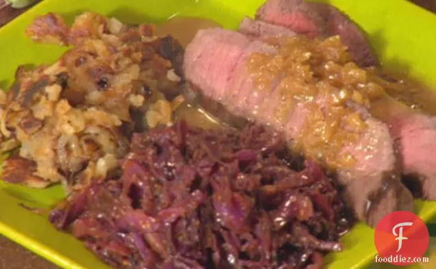 Sliced Steaks with Sauerbraten, Onion Hash Browns, Spiced Red Cabbage