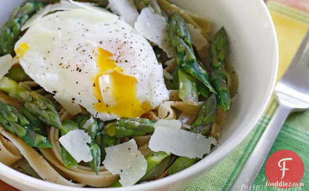 Asparagus And Poached Eggs Over Pasta