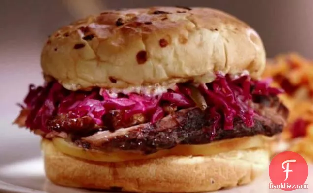 Jewish Brisket Sandwich with Smoked Mozzarella and Red Cabbage Slaw
