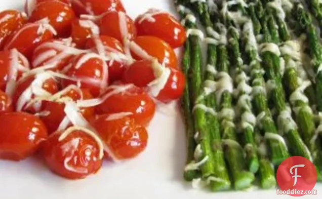 Roasted Asparagus And Grape Tomatoes With Asiago Cheese