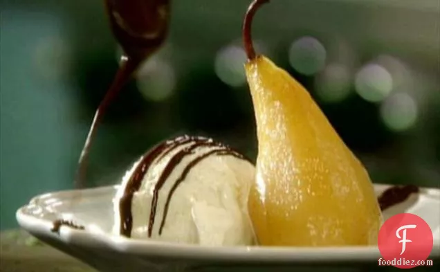 Vanilla Poached Pears with Chocolate Sauce and Ice Cream (a.k.a