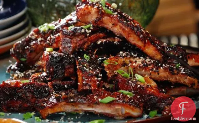 Asian Spice Rubbed Ribs with Pineapple-Ginger BBQ Sauce and Black and White Sesame Seeds