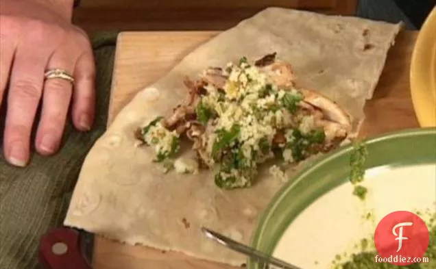 Moroccan Chicken with Apricot Couscous and Green Olive Sauce in Flat Bread