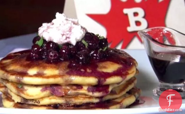 Lemon-Blueberry-Ricotta-Buttermilk Pancakes with Blueberry-Cassis Relish and Blueberry Maple Syrup