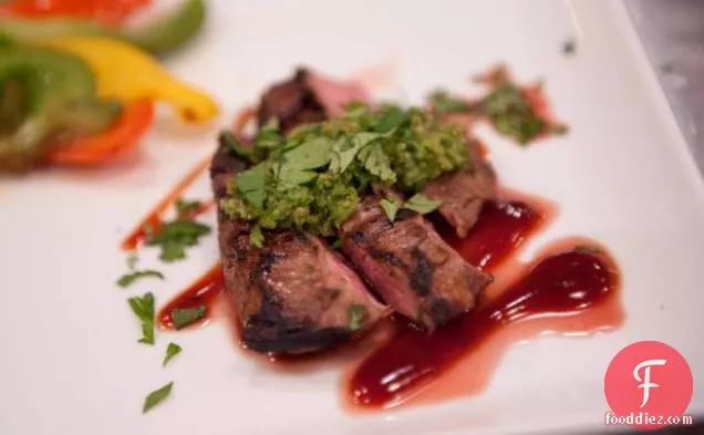 Grilled Hanger Steak with Smoked Veggies, Barbecue Sauce and Southwest Chimichurri