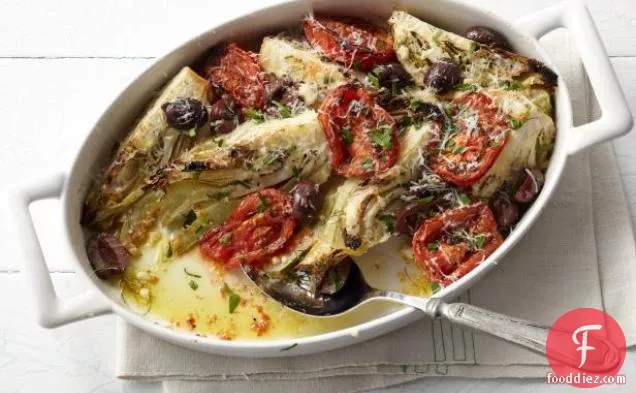 Roasted Fennel with Charred Tomatoes, Olives, and Pecorino