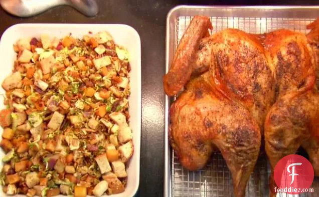 Butterflied, Dry Brined Roasted Turkey with Roasted Root Vegetable Panzanella