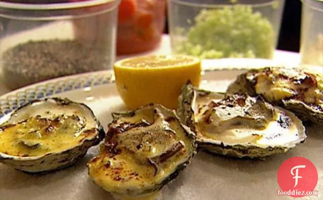 Broiled Oysters with Celery Cream and Virginia Ham