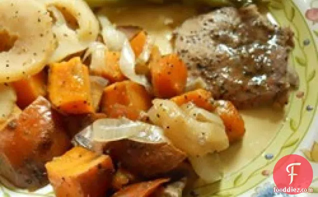 Pork Chops with Apples, Onions, and Sweet Potatoes