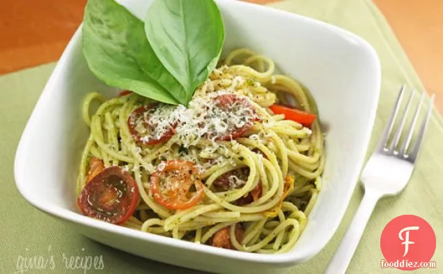 Spaghetti With Garlic Scape Pesto With Tomatoes