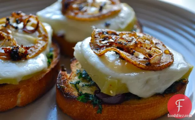 Fresh Mozzarella And Roasted Kohlrabi Crostini With Crispy Lemo