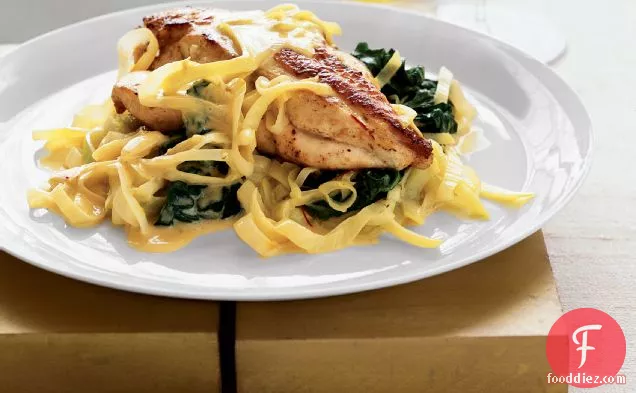 Chicken Breasts with Spinach, Leek and Saffron Sauce