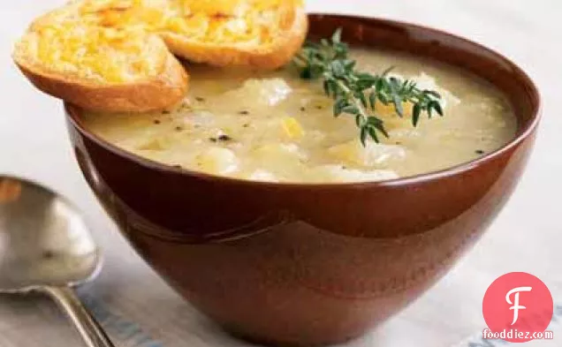 Golden Potato-Leek Soup with Cheddar Toasts