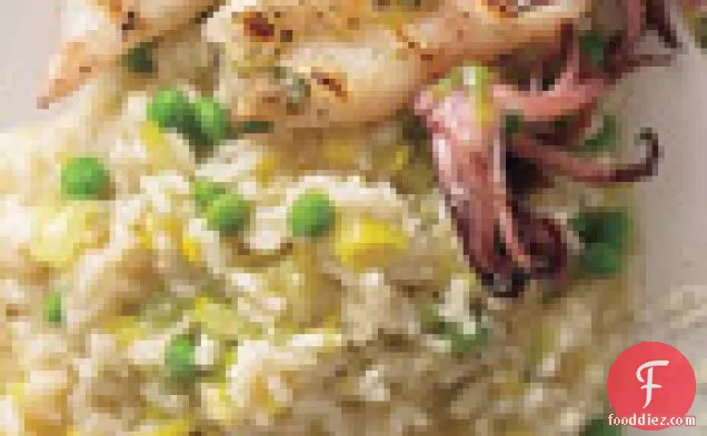 Leek And Pea Risotto With Grilled Calamari