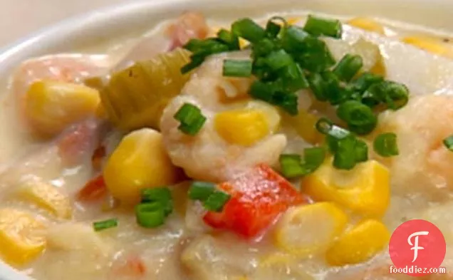 Roasted Corn Chowder with Lime Cured Shrimp