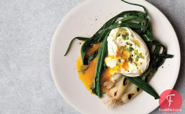 Seared Scallions With Poached Eggs