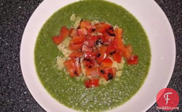 Puree of Green Things Soup with Quinoa and Pepper Relish