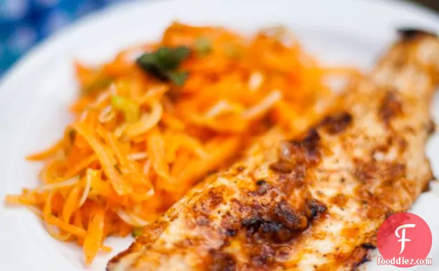 Harissa Fish With Carrot, Mint And Spring Onion Salad