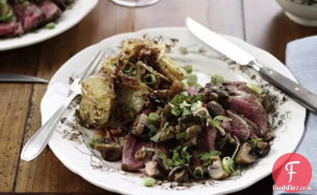 Sliced Steak, Mushrooms And Green Onions With Warm Dijon Potato