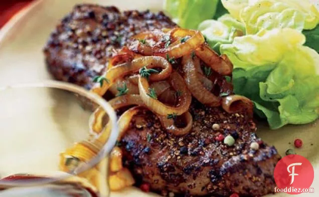 Multicolored-Pepper Steaks with Balsamic Onions