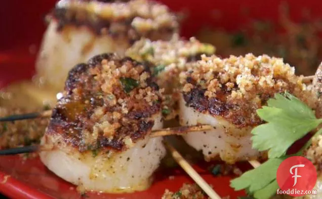 Grilled Sea Scallop Skewers with Creamy Hot Pepper and Garlic Vinaigrette with Toasted Breadcrumbs