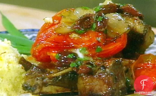 Roasted Lamb Chops with Shallots, Tomatoes, and Olive Jus