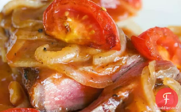 Pan Seared Steak With Sweet And Sour Tomato And Onion Sauce