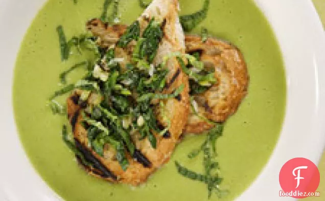 Spring Onion And Pea Soup With Ramp Crostino