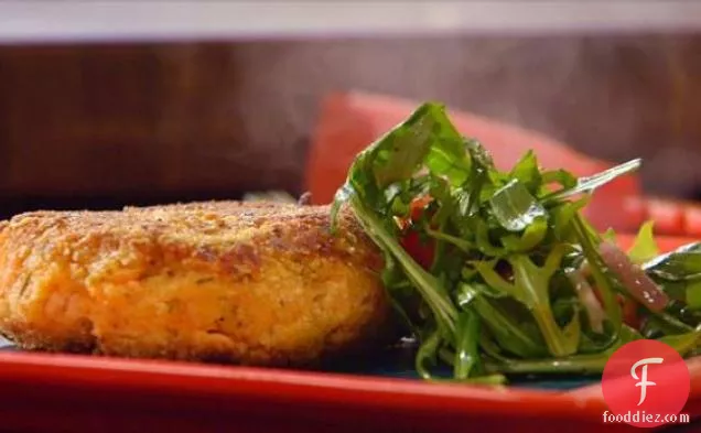 Salmon and Sweet Potato Cakes with Agrodolce Relish and Arugula