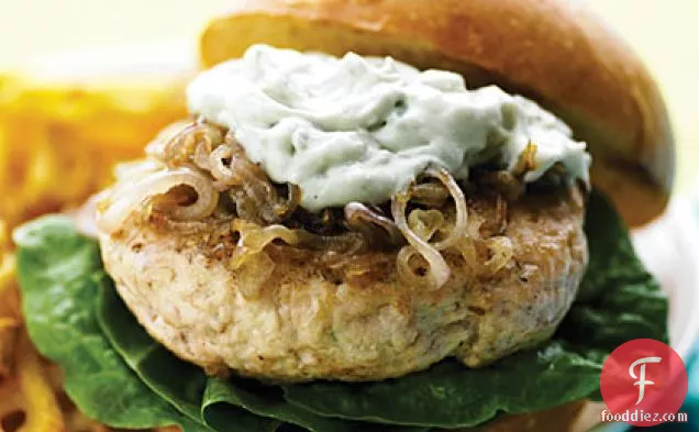 Chicken Burgers with Caramelized Shallots and Blue Cheese