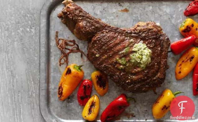 Rib-Eye Steak With Herb Butter and Charred Peppers