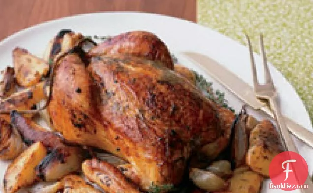 Whole Roasted Chicken With Pear, Shallots, And Thyme