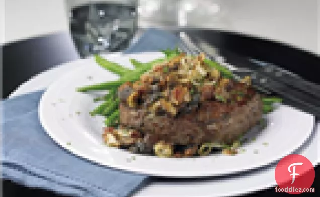 Steaks With Mushrooms, Blue Cheese & Frizzled Shallots