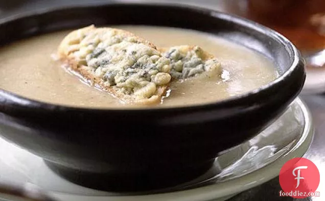 Roasted Garlic and Shallot Potato Soup with Cheesy Croutons