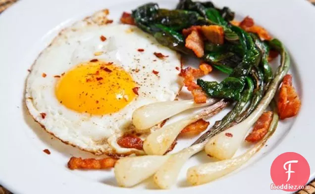 Fried Eggs with Ramps and Bacon