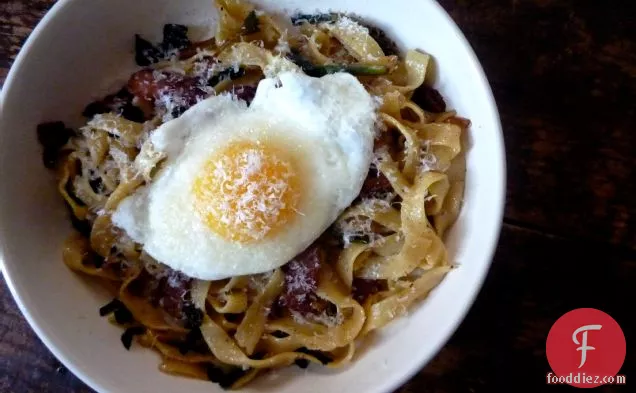 Fresh Fettucine With Bacon, Ramps And An Egg