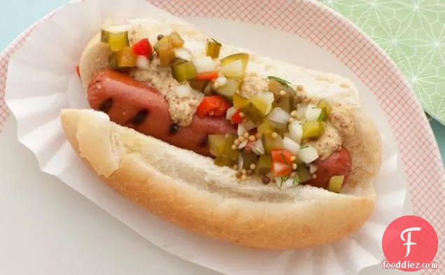 Grilled Link Hot Dogs with Homemade Pickle Relish