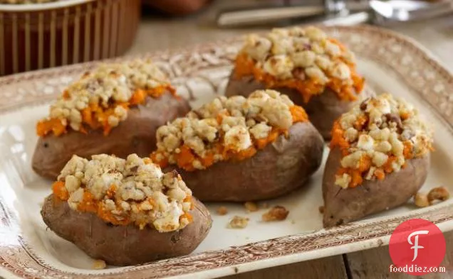 Stuffed Sweet Potatoes with Pecan and Marshmallow Streusel
