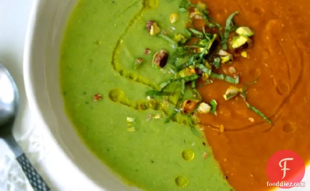 Carrot-ginger-miso Soup And Minted Pea Soup