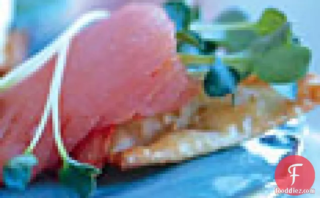 Sesame Wonton Triangles with Smoked Salmon and Wasabi