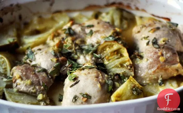 Melissa Clark's Chicken Thighs With Green Tomatoes, Basil, And