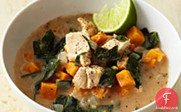 Almond Chicken Soup With Sweet Potato, Collards, And Ginger