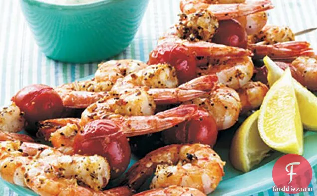 Broiled Shrimp Kebabs with Horseradish-Herb Sour Cream Sauce