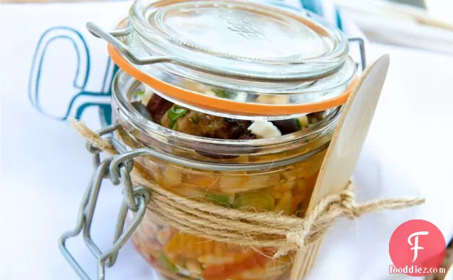 Picnic In A Jar, Orzo Pasta And Greek Style Meatball Salad