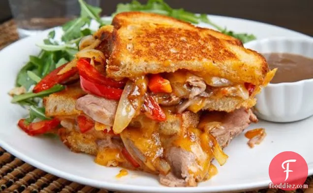 Roast Beef Grilled Cheese Sandwich with Caramelized Onions, Peppers and Horseradish